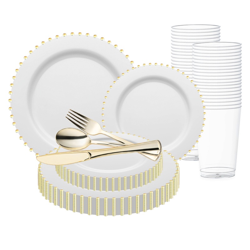 White with Gold Pearl String Round Disposable Plastic Wedding Value Set