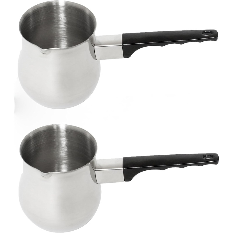 Stainless Steel Turkish Coffee Decanter with Black Easy-Grip Handle Set of 2- Turkish Coffee Maker Chai Pot Arabic Coffee Pot Briki Greek Coffee Pot Greek Briki Cezve Ibrik