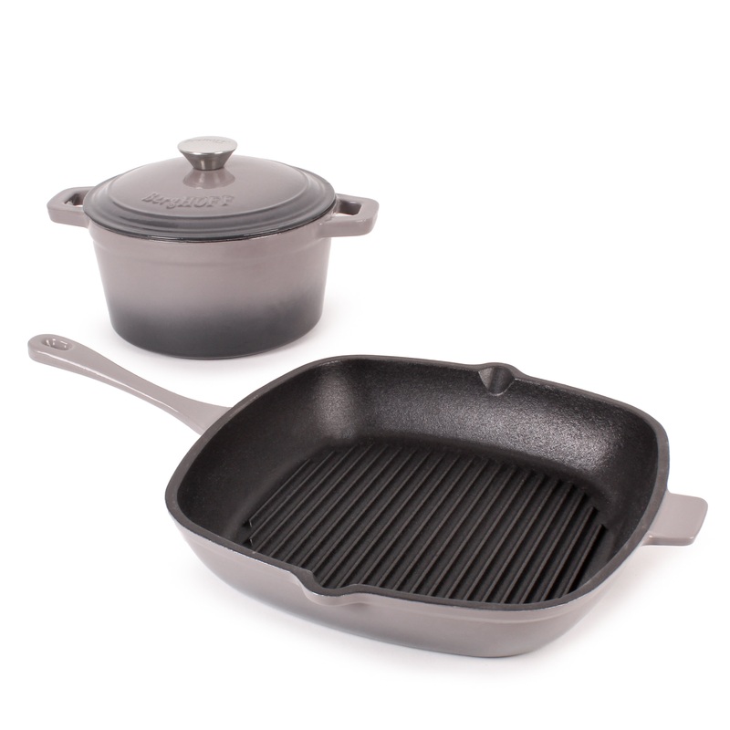 BergHOFF Neo 3pc Cast Iron Cookware Set, Grill Pan & Round Dutch Oven, Oyster