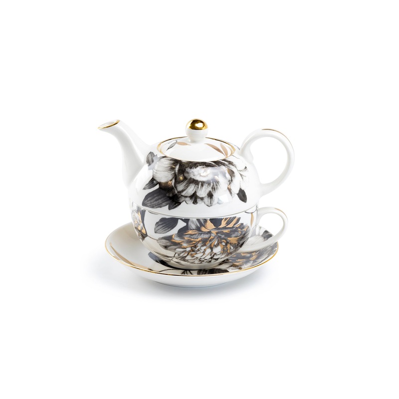 Black Gold Peony Fine Porcelain Tea For One Set