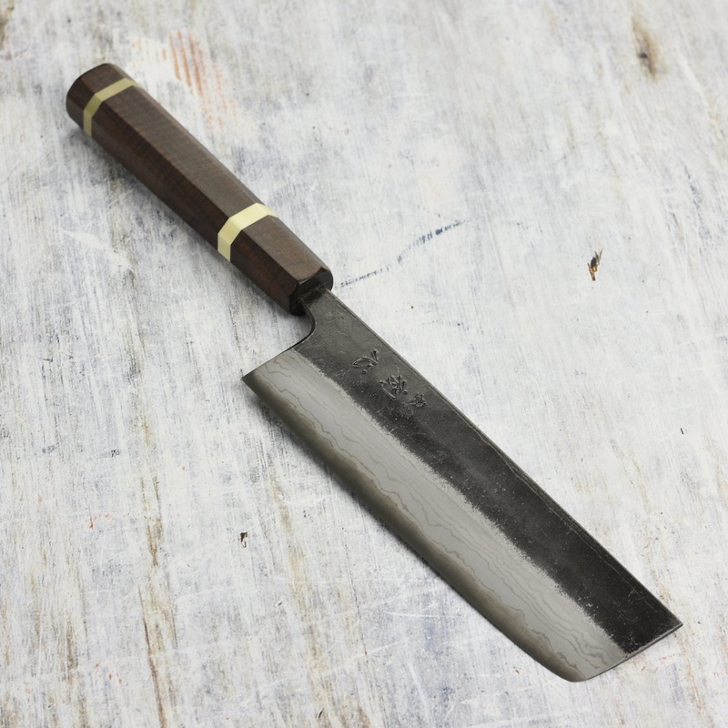 Hatsukokoro Kumokage Aogami Kurouchi Damascus 6.5″ Nakiri, C+M Custom Handle
