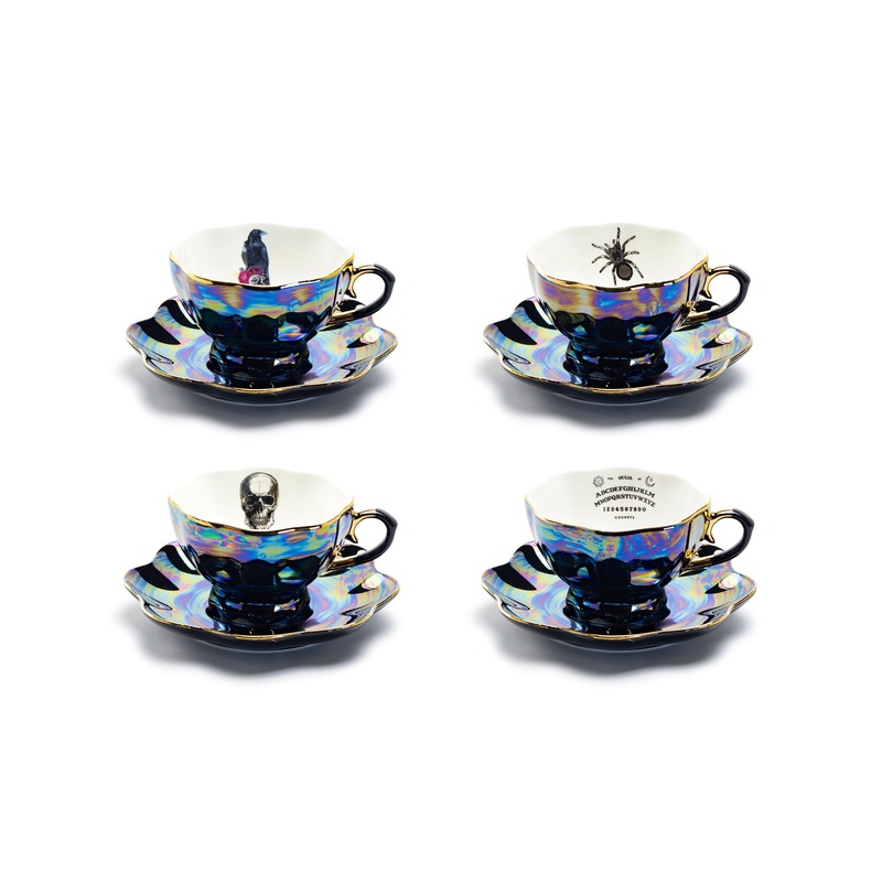 4 Assorted Halloween Black Gold Luster Tea Cup and Saucer Sets – Crow, Spider, Skull, Ouija Board