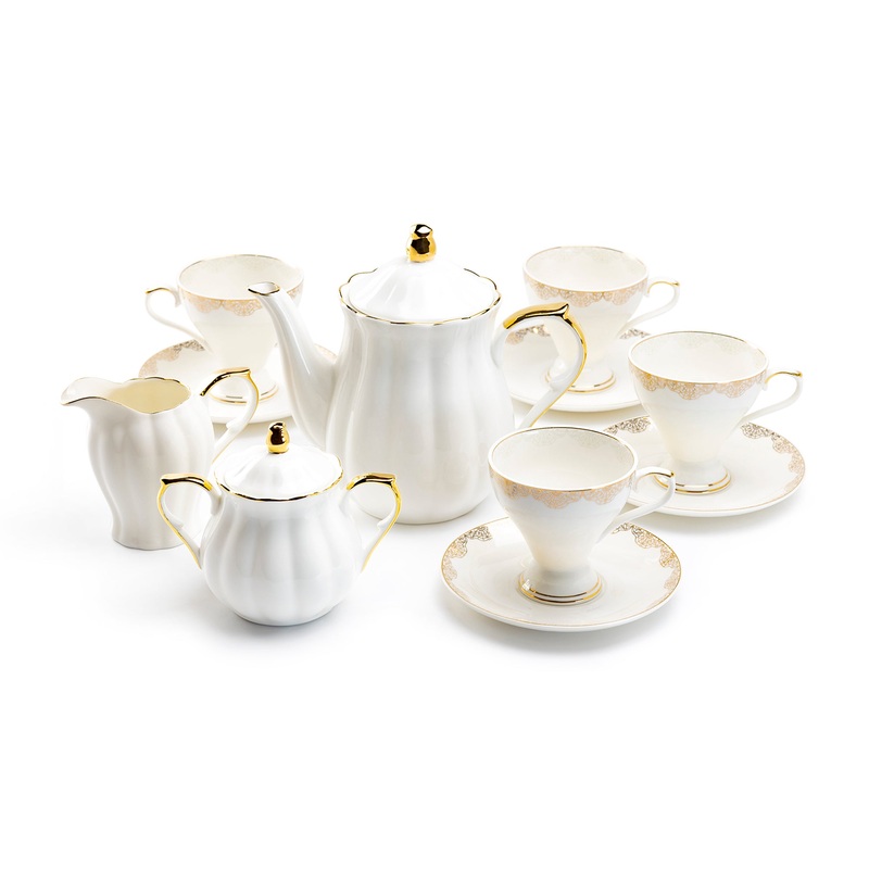 White Gold Lace Fine Porcelain Tea Set