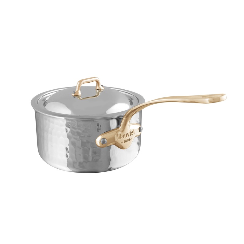 Mauviel M’ELITE B Hammered 5-Ply Sauce Pan With Curved Lid, Brass Handle, 3.4-Qt