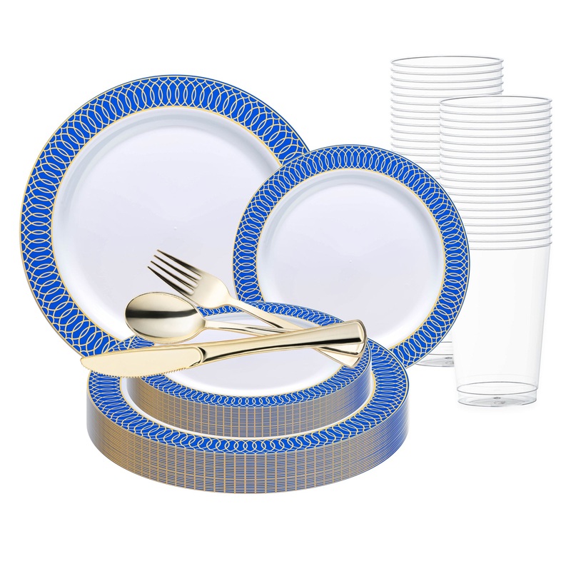 White with Gold Spiral on Blue Rim Plastic Wedding Value Set