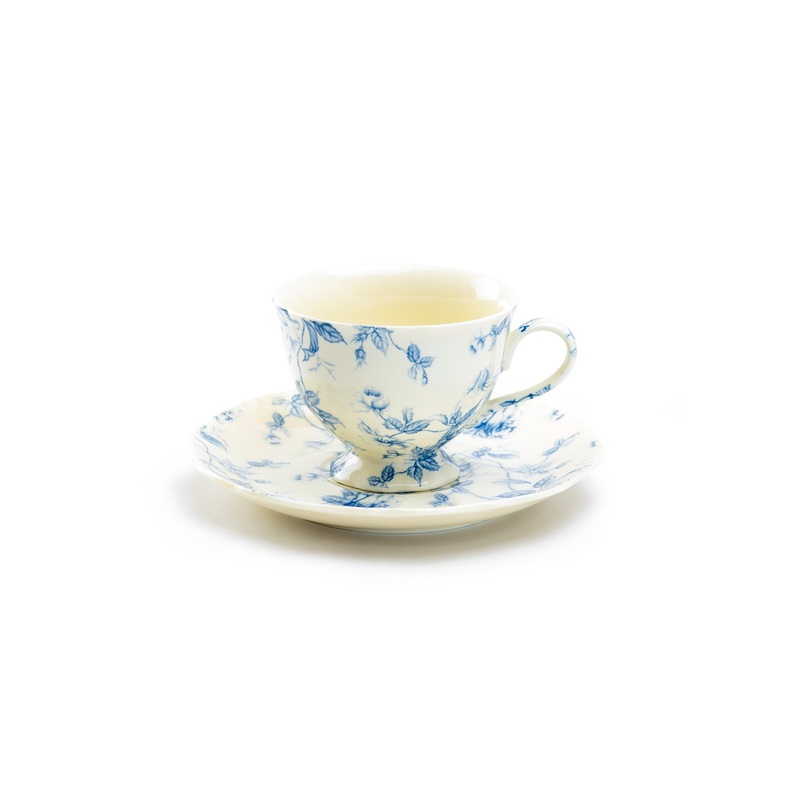 Blue Rose Toile Fine Porcelain Tea Cup and Saucer