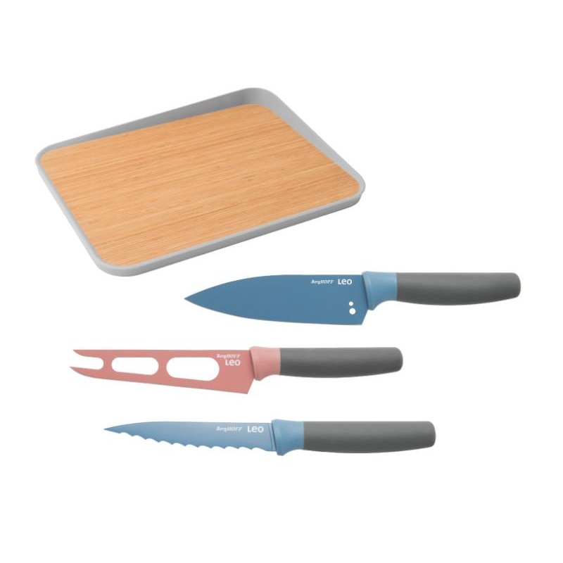 BergHOFF Leo 4Pc Stainless Steel Knife Set with 16″ Bamboo Cutting Board, Multicolors