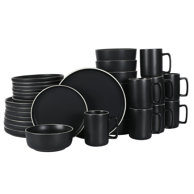 Gibson Home Zuma Nuevo 32 Piece Plates, Bowls, and Mug (Service for 8) Dinnerware Set – Black