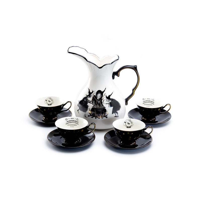 Witches Brew Pitcher + 4 Assorted Halloween Tea Cup and Saucer Sets – Ouija & Witchy Crystal Ball