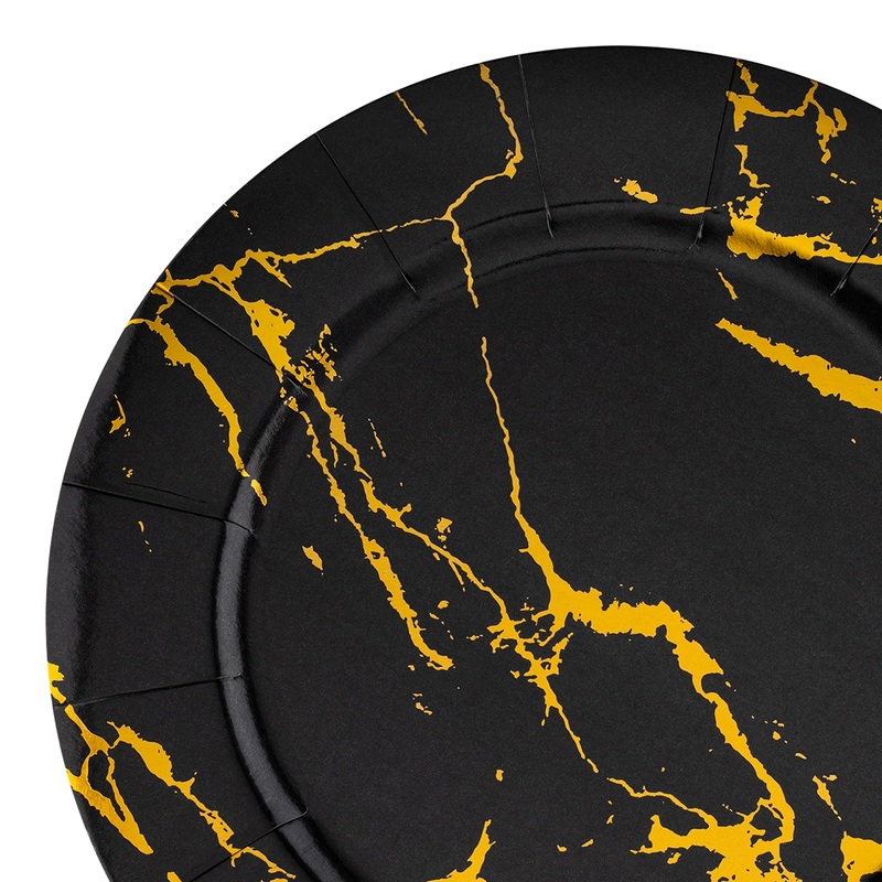 Black with Gold Marble Round Disposable Paper Charger Plates (13″)