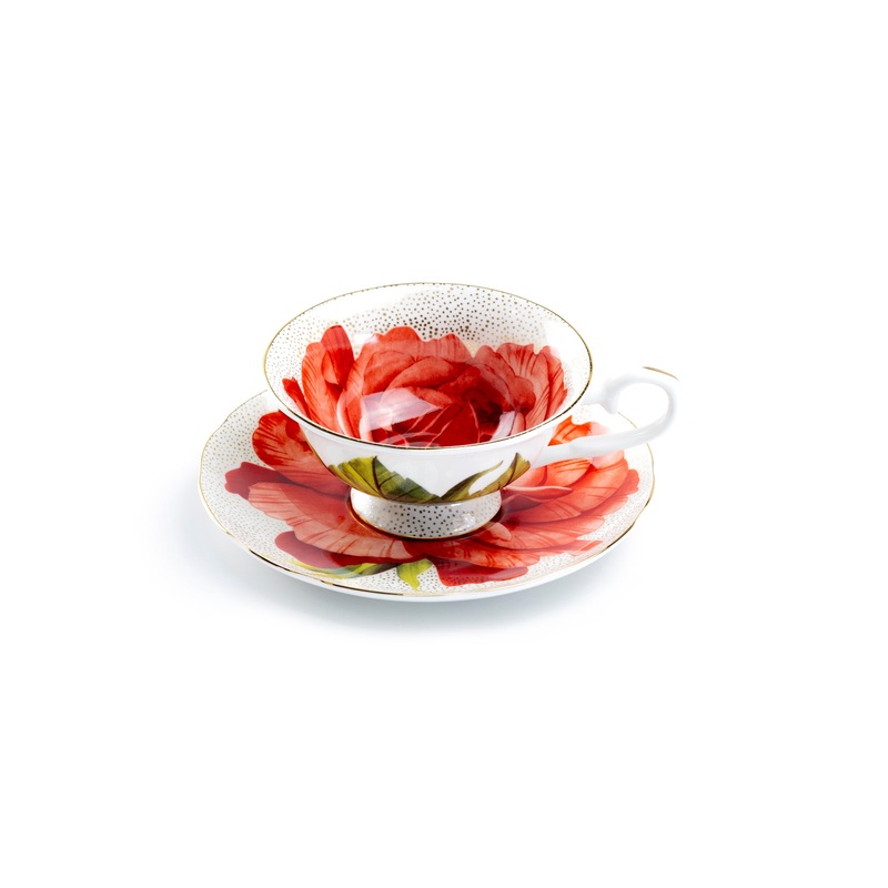 Red Rose Gold Dots Bone China Tea Cup and Saucer