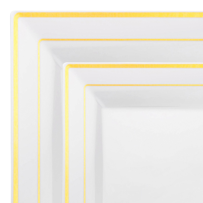 White with Gold Square Edge Rim Plastic Dinnerware Value Set