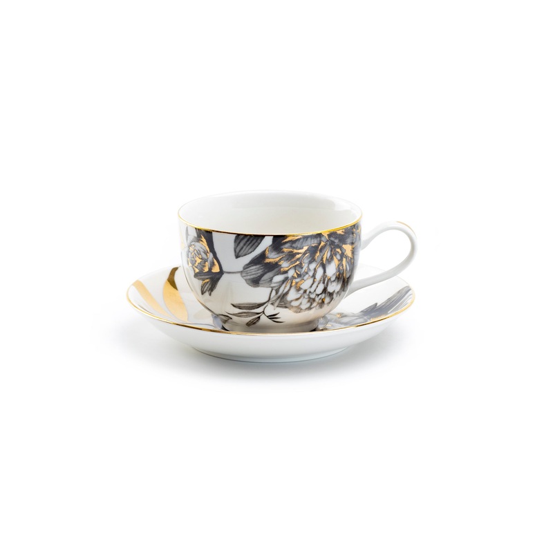 Black Gold Peony Fine Porcelain Tea Cup and Saucer – CLEARANCE