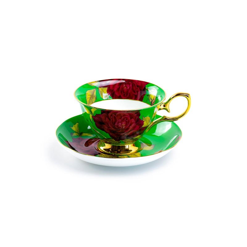 Gold Green Stem Rose Bone China Tea Cup and Saucer