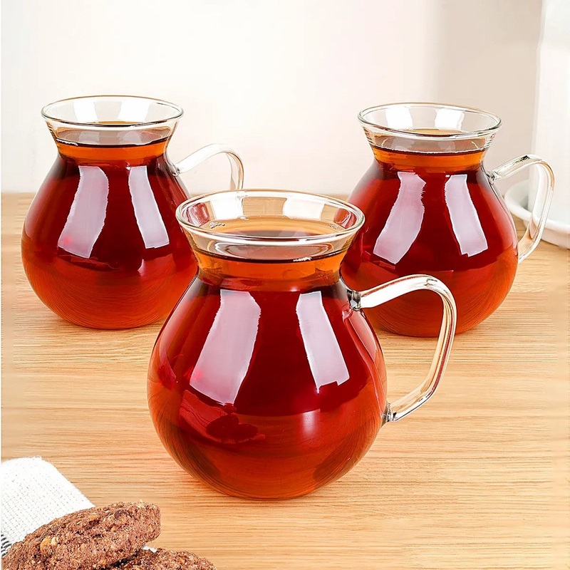 Keyfi Ala Turkish Tea Glass Set of 3 with Handles, 6.7 Oz (200 cc)