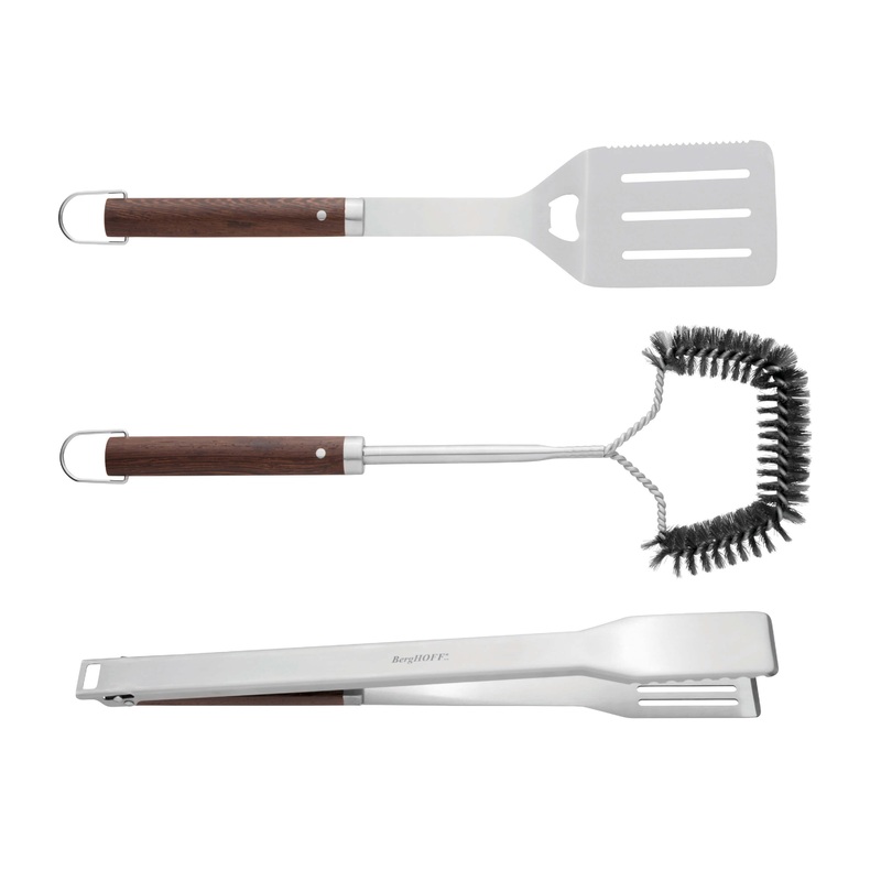 BergHOFF Essentials BBQ Set with Wood Handles Tongs, Spatula and Brush (3-Pieces)