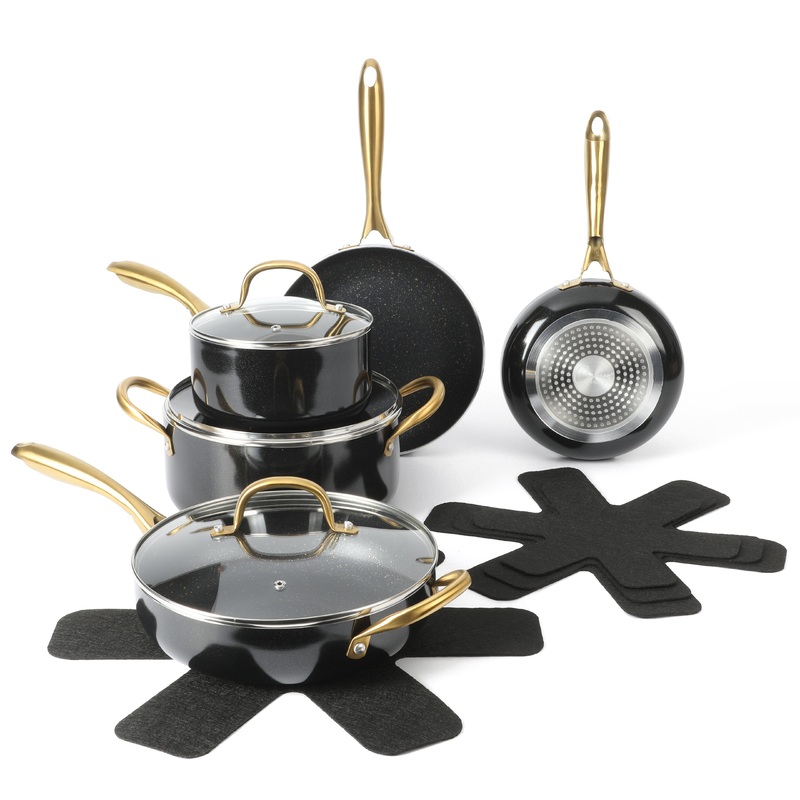 Gibson Home 12-Piece Heavy Gauge Nonstick Induction Aluminum Cookware Set w/ Felt Protector – Black w/ Gold Speckle Interior