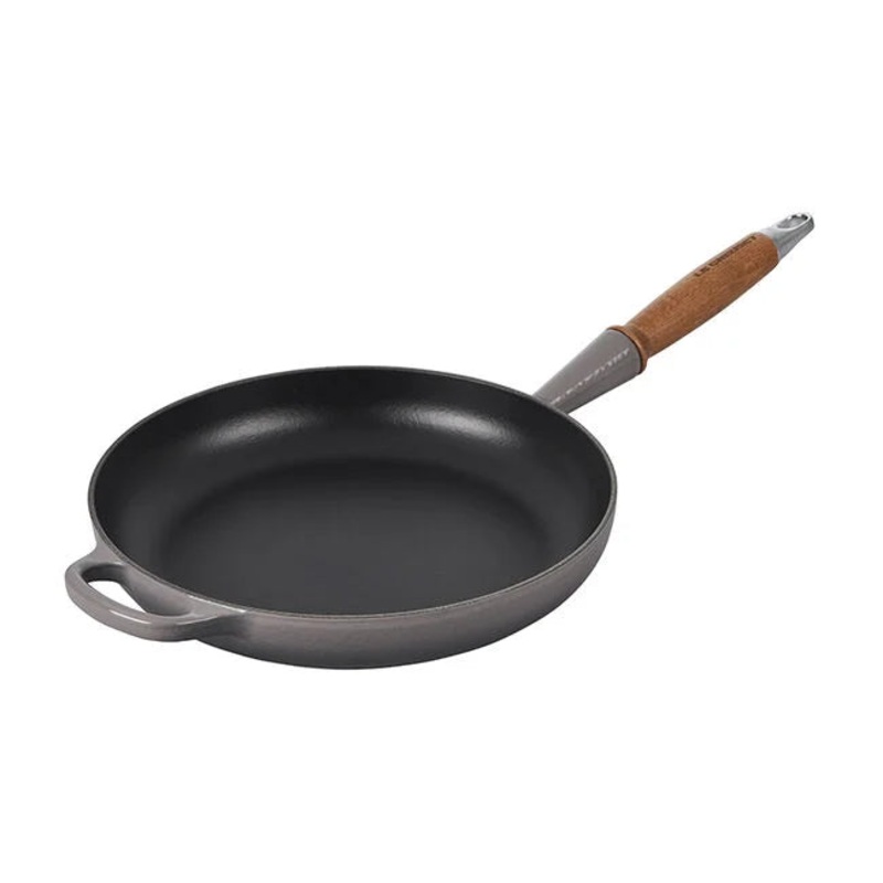 Le Creuset 10 1/4″ Signature Round Enameled Cast Iron Alphine Wood Handle Fry Pan – Oyster