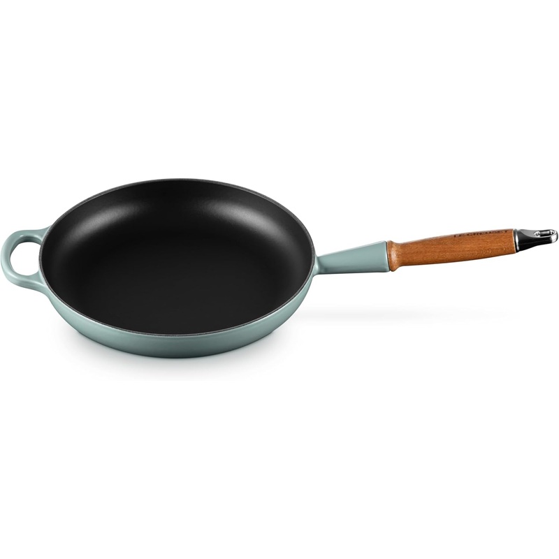 Le Creuset 10 1/4″ Signature Round Enameled Cast Iron Alphine Wood Handle Fry Pan – Sea Salt