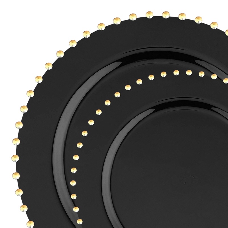 Black with Gold Pearl String Round Disposable Plastic Dinnerware Value Set