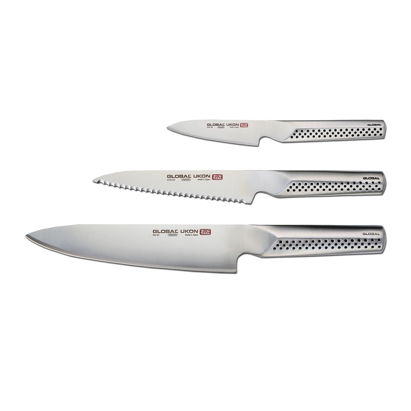 Global UKON 3 Piece Knife Set, 3.5″ Paring, 6″ Serrated Utility, 8″ Chef’s