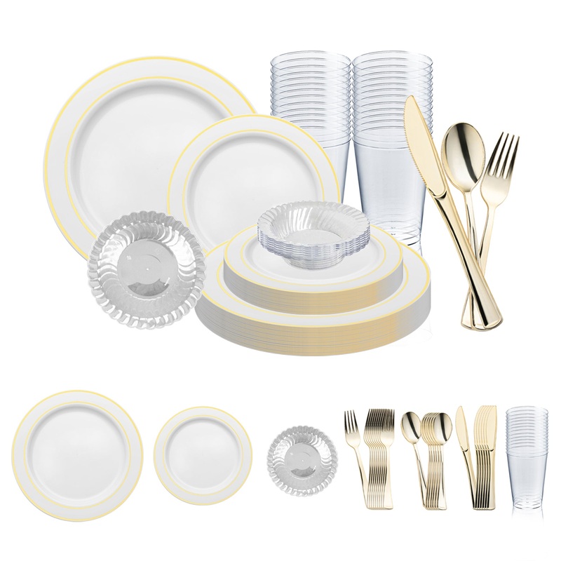White with Gold Edge Rim Plastic Wedding Value Set – 120 Dinner Plates, 120 Salad Plates, 120 Bowls, 240 Forks, 120 Spoons, 120 Knives, 120 Cups