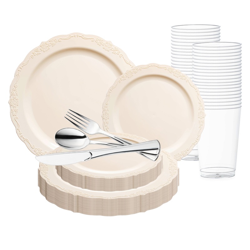 Ivory Vintage Round Disposable Plastic Wedding Value Set