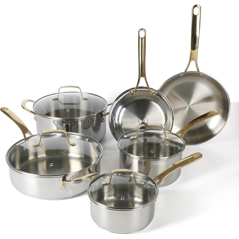 Martha Stewart Castelle 10 Piece Stainless Steel Induction Safe Pots and Pans Non-Toxic Kitchen Cookware Set