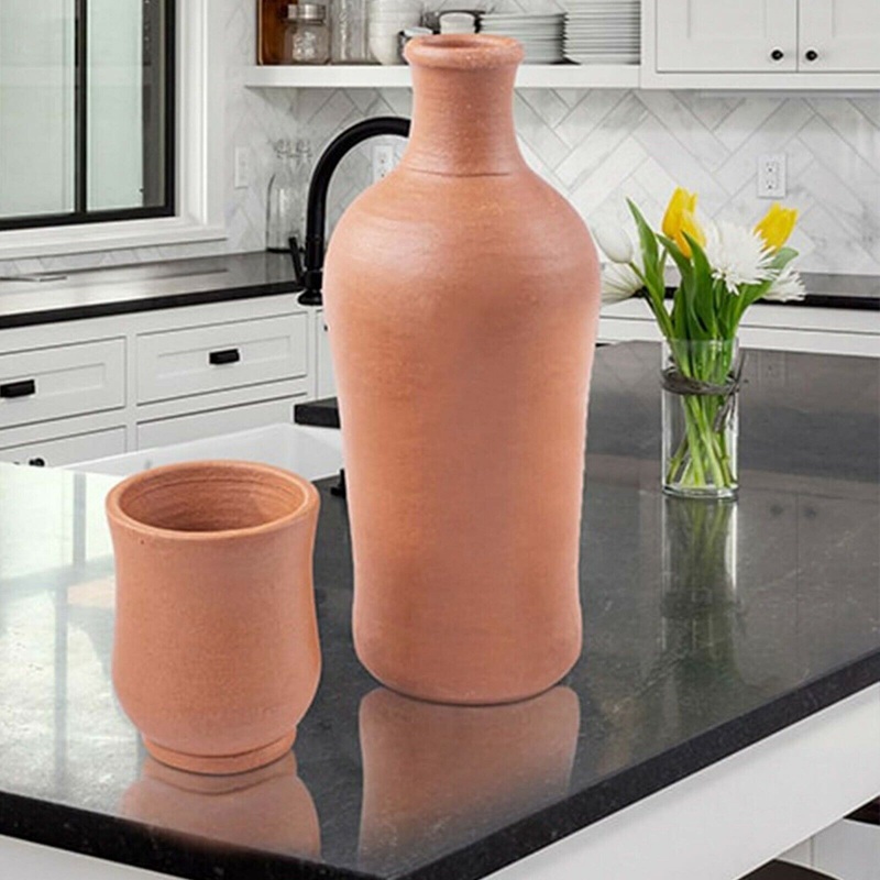 Unglazed Mud Jug with a Clay Cup, Terracotta Pitcher