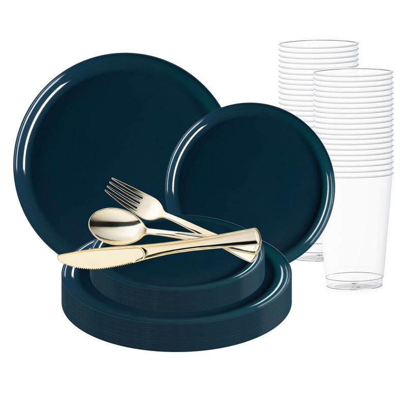 Navy Flat Round Disposable Plastic Wedding Value Set