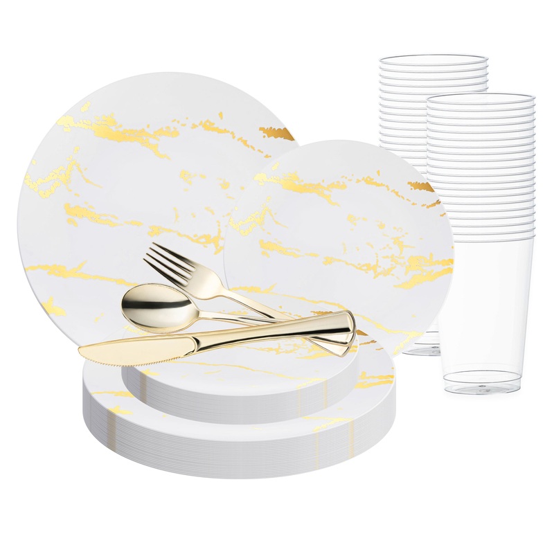 White with Gold Marble Stroke Round Disposable Plastic Wedding Value Set