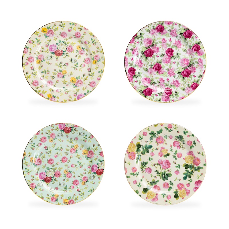 8″ Assorted Rose Chintz Fine Porcelain Dessert Plate with Gold Rim Set of 4