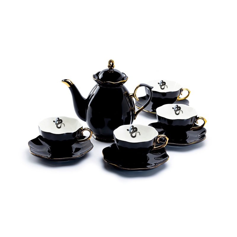 Black Gold Scallop Teapot + 4 Snake Tea Cup and Saucer Sets