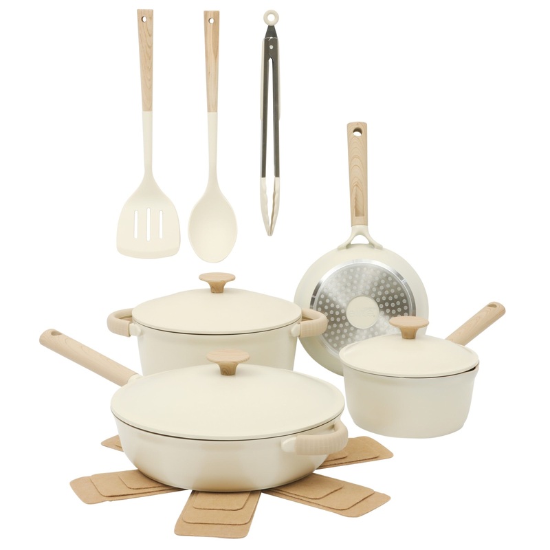 Gibson Elite Folkstone 13 Piece Pots and Pans Durable Cast Aluminum PFA Free Non stick Ceramic Coating Cookware Set W/ Kitchen Tongs, Tools, and Protective Felts – Induction Safe – Linen White W/ Wood Handle