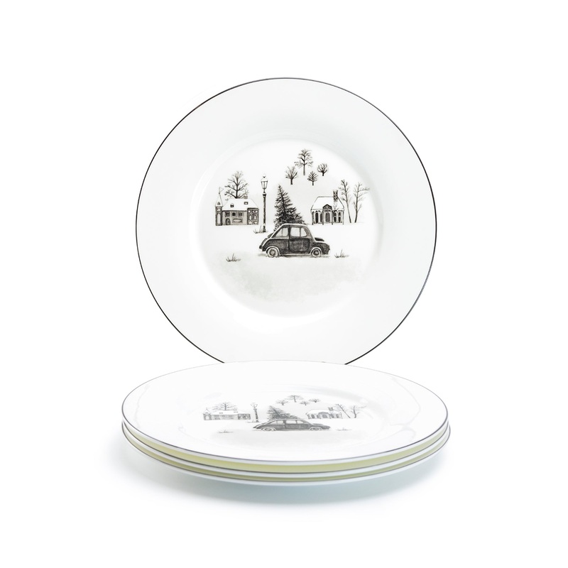 7.5″ Winter Wonderland Christmas Tree Car Bone China Dessert Plate Set of 4