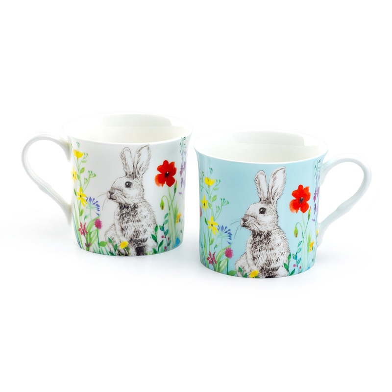 Blue & White Flower Bunny Bone China Assorted Mugs