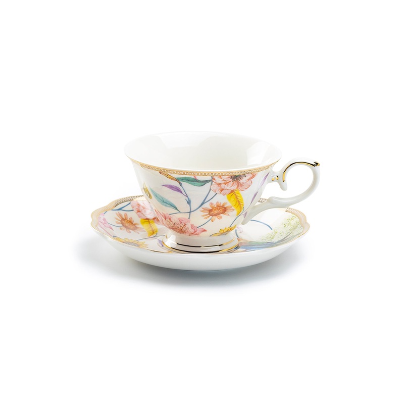 Spring Flowers with Hummingbird Fine Porcelain Fluted Cup and Saucer