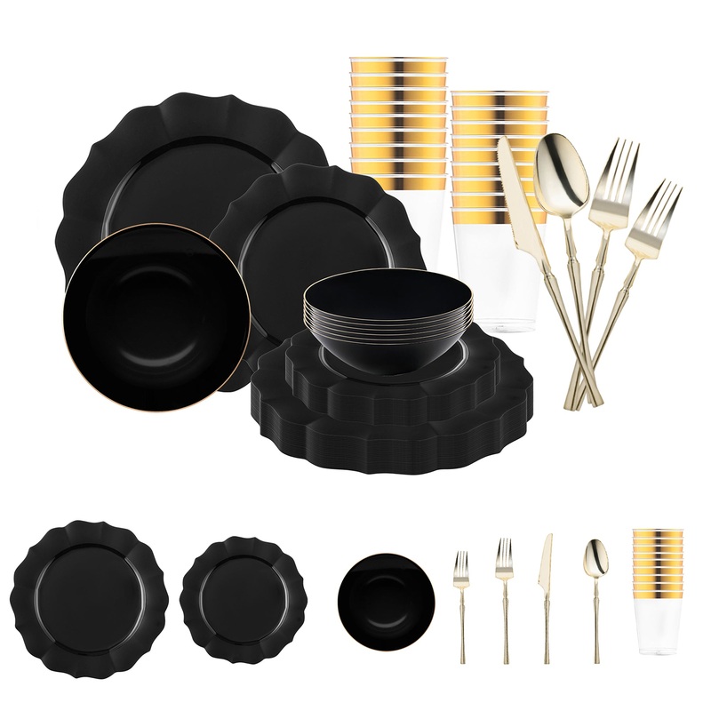 Black Round Lotus Plastic Tableware Set
