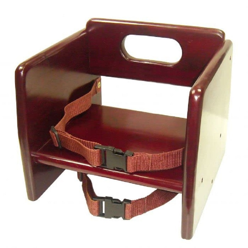 17″ Children Booster Seat, Durable Wood Finished Rubber Wood with Harness Straps Seat Back Support Maximum Knock-Down Package, Stackable Booster Seat for Dining Table