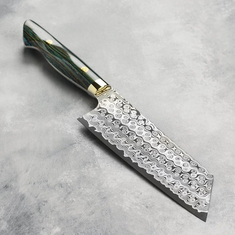 Nigara Anmon SG2 Damascus 7″ Kiritsuke Nakiri, Striped Turquoise