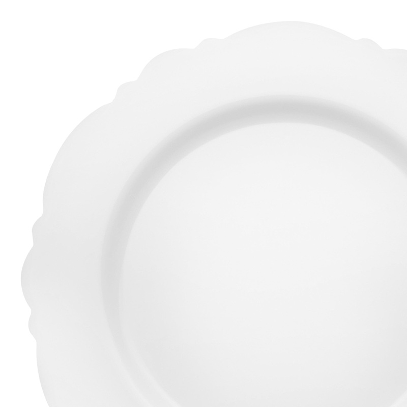Solid White Round Blossom Disposable Plastic Dinner Plates (10.25″)