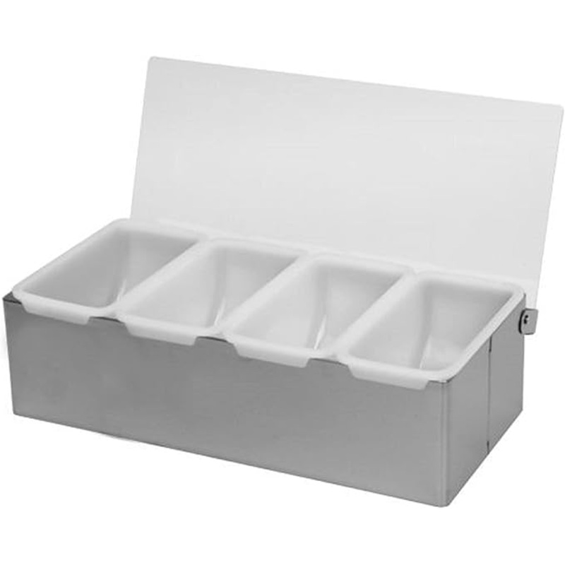 Compartment Condiment Dispenser Garnish Tray Bar Caddy Stainless Steel Body with Acrylic Hinged White Color Lid- Condiment Server Caddy Bar Garnish Holder Bar Accessories Fruit Salad