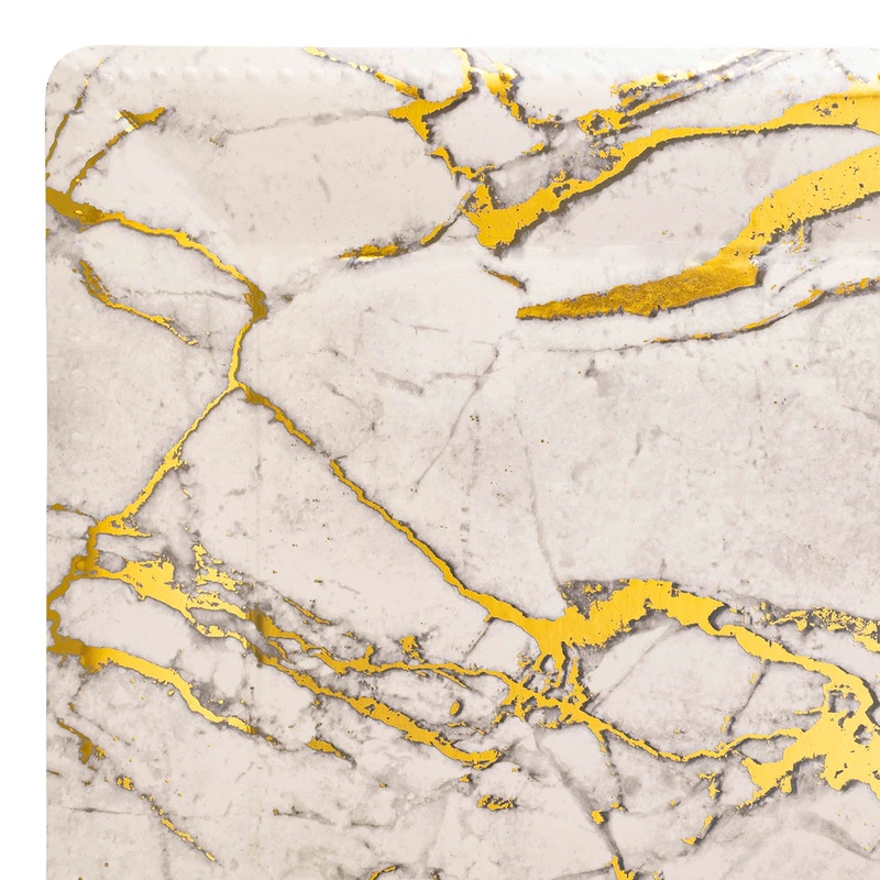 White with Gold Marble Square Disposable Paper Charger Plates (13″)