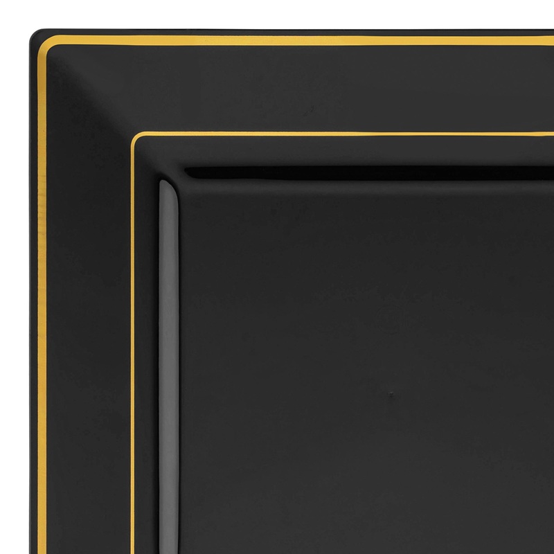 Black with Gold Square Edge Rim Plastic Dinner Plates (9.5″)