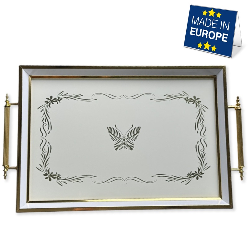 Hakan Rectangular Decorative Serving Tray 19×11.5-inch White-Butterfly with Glass Surface