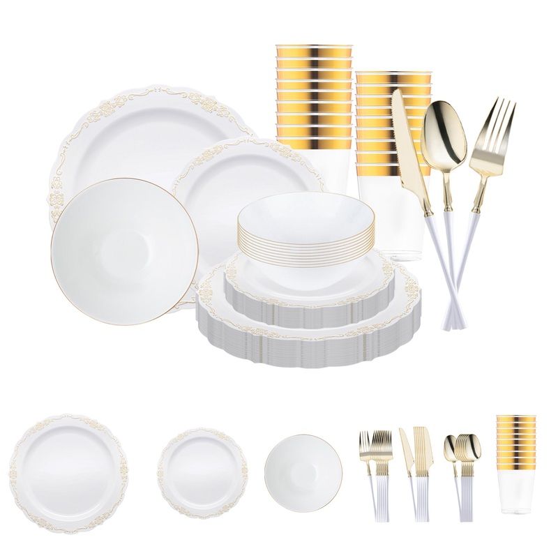 White with Gold Vintage Disposable Plastic Tableware Set