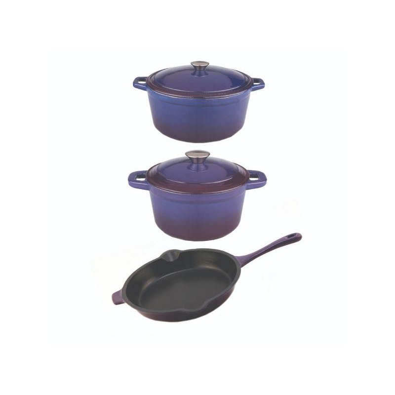 BergHOFF Neo 5pc Cast Iron Dutch Oven Set with 10″ Fry Pan, 3qt. & 5qt., Purple