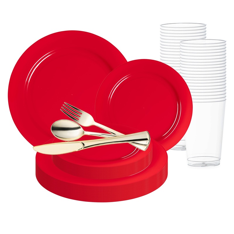 Solid Red Holiday Round Disposable Plastic Wedding Value Set