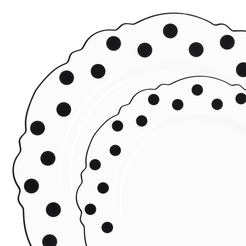 White with Black Dots Round Blossom Disposable Plastic Dinnerware Value Set
