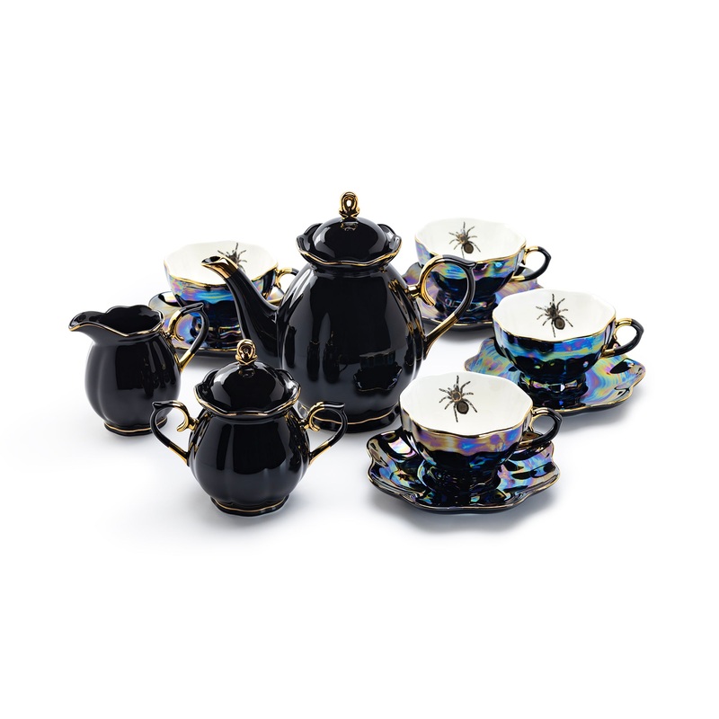 Black Gold Teapot + Sugar Creamer + 4 Spider Black Gold Luster Tea Cup and Saucer Sets